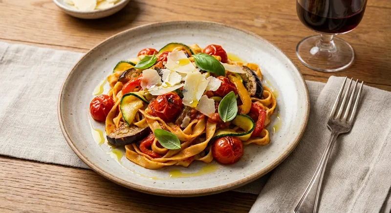 Vegetable Pasta with Tomato-Basil Sauce and Parmesan