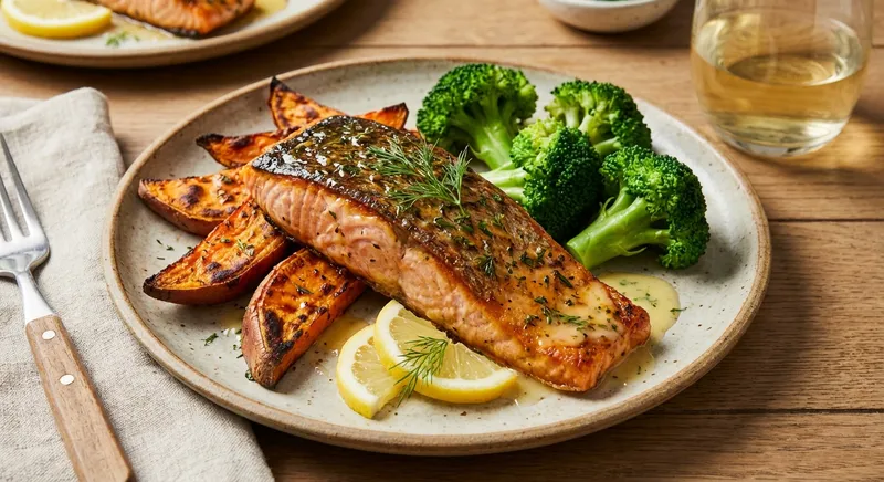 Baked Salmon with Roasted Sweet Potato and Steamed Broccoli