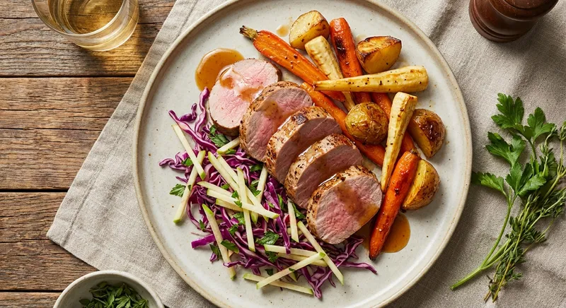 Roasted Pork Tenderloin with Apple-Cabbage Slaw and Roasted Root Vegetables