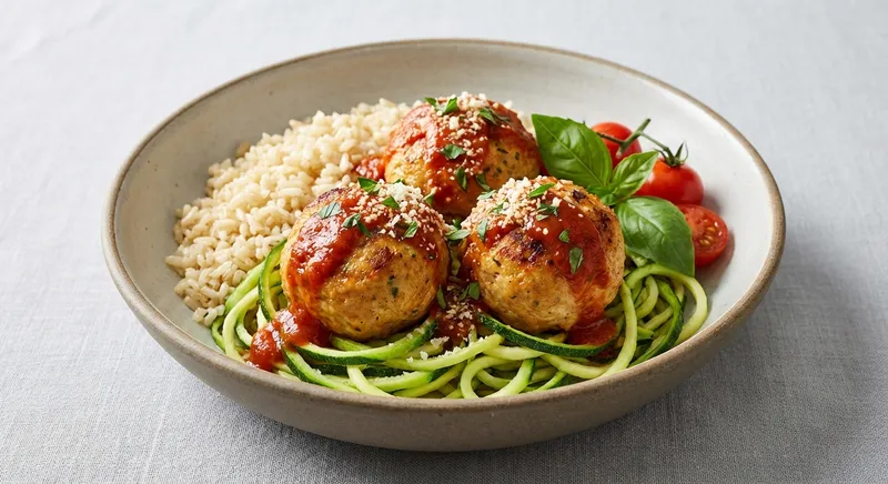 Turkey Meatballs with Zucchini Noodles & Brown Rice