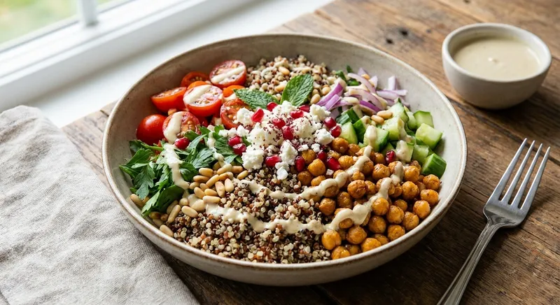 Quinoa & Roasted Chickpea Salad with Lemon-Tahini Dressing