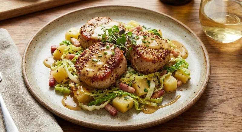 Mustard-Seared Pork Medallions with Warm Potato & Green Cabbage Slaw (Alsatian-inspired)