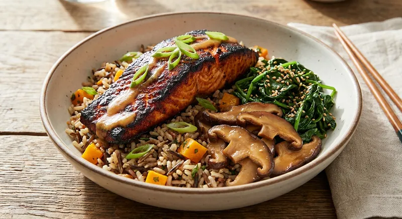 Charred Miso-Glazed Salmon Bowl with Autumn Brown Rice, Quick-Pickled Shiitakes & Sesame Spinach