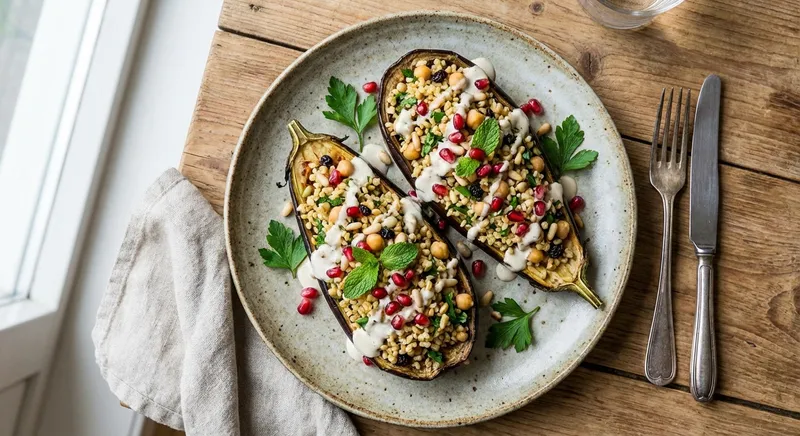 Baked Stuffed Eggplant with Bulgur and Chickpeas