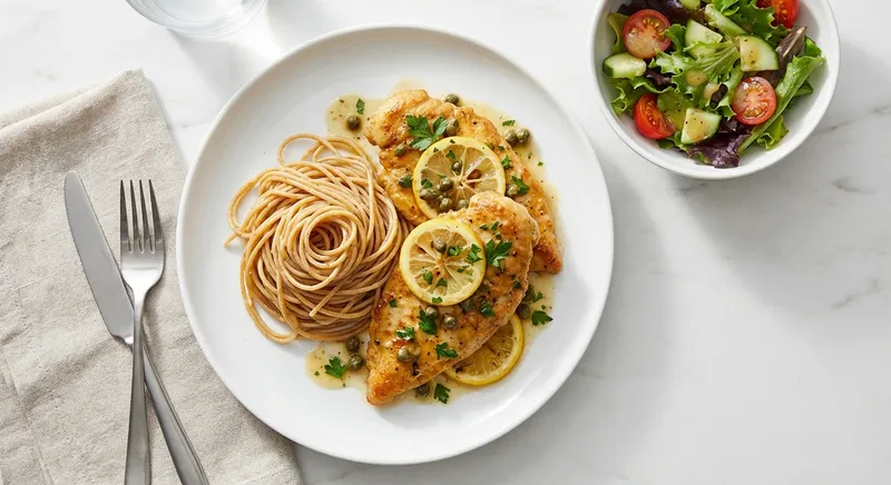 Chicken Piccata with Whole-Grain Spaghetti and Side Salad