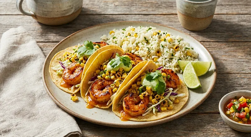 Grilled Mango‑Chili Shrimp Tacos with Charred Corn & Cilantro‑Lime Jasmine Rice