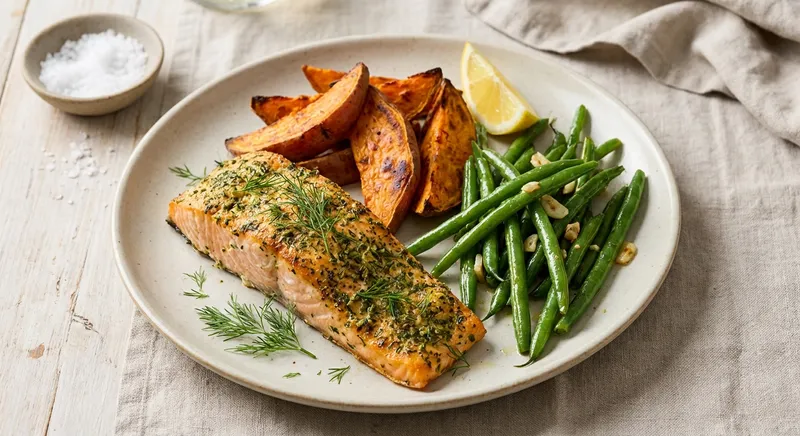 Herb-Crusted Baked Salmon with Roasted Sweet Potato & Sautéed Green Beans