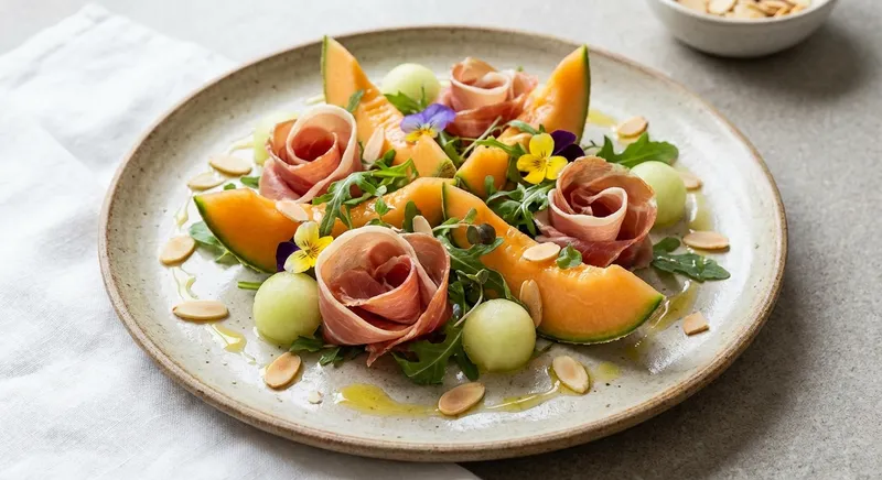 Prosciutto & Melon with Arugula, Toasted Almonds & Lemon Drizzle