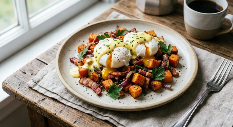 Sweet Potato & Bacon Hash with Poached Eggs