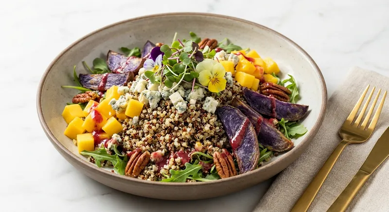 Quinoa Salad with Mango, Blue Cheese, and Roasted Purple Potatoes