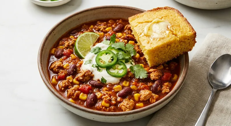 Hearty Turkey Chili with Beans and Cornbread
