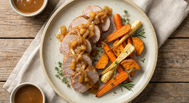 Roast Pork Tenderloin with Apple-Onion Compote & Roasted Root Vegetables