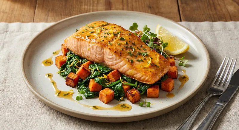 Baked Salmon with Roasted Sweet Potato & Sautéed Spinach