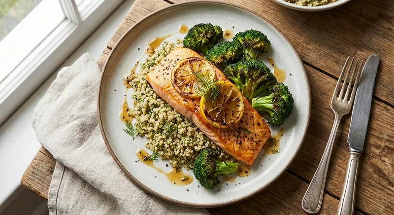 Baked Salmon with Lemon-Dill Quinoa and Roasted Broccoli