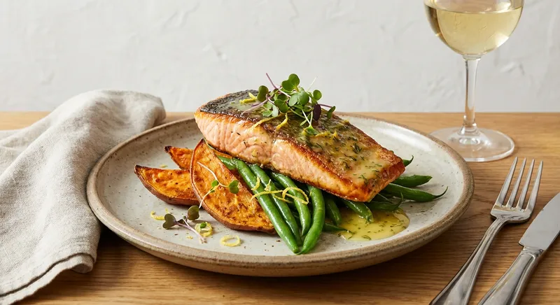 Pan-Seared Salmon with Roasted Sweet Potato Wedges & Steamed Green Beans