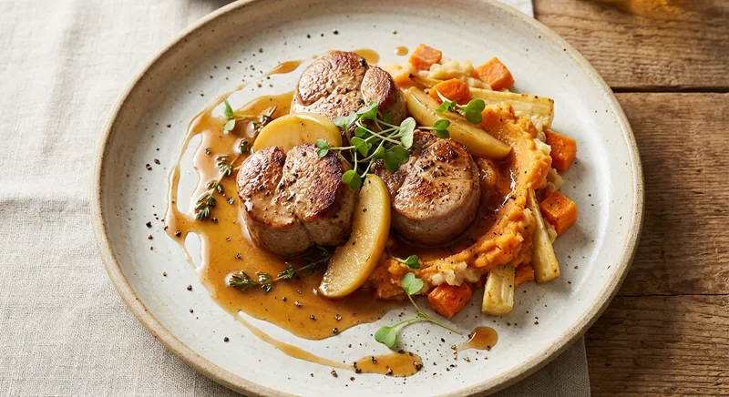 Quick Cider-Braised Pork Medallions with Roasted Winter Root Mash