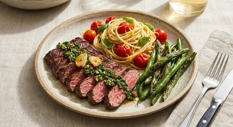 Char-Grilled Garlic‑Herb Skirt Steak with Lemon‑Basil Tomato Spaghetti and Blistered Green Beans