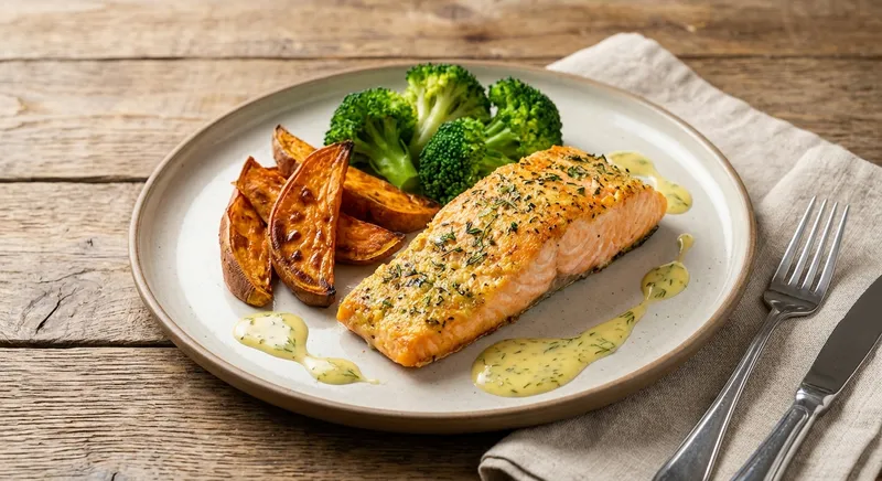 Baked Salmon with Roasted Sweet Potato and Steamed Broccoli
