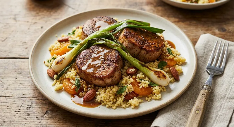 Pan-Roasted Spiced Pork Medallions with Apricot‑Millet 'Couscous' & Charred Spring Onions