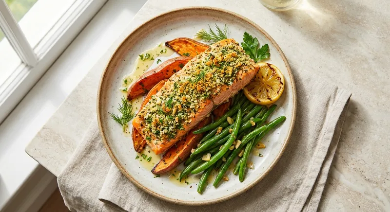 Herb-Crusted Baked Salmon with Roasted Sweet Potatoes and Sautéed Green Beans