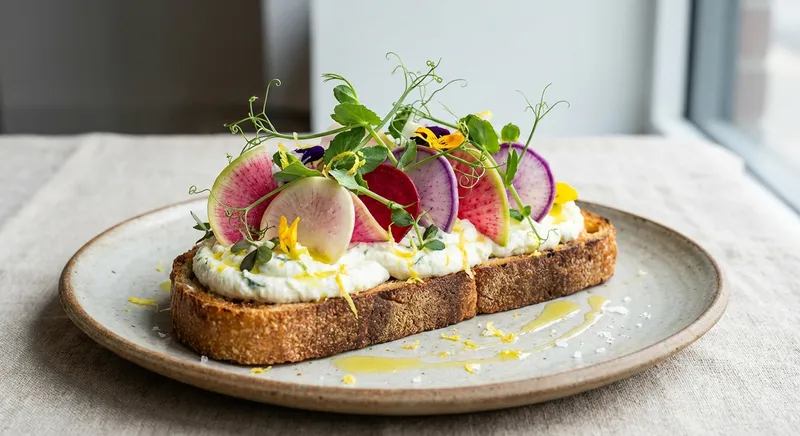 Lemon-Basil Ricotta on Gluten-Free Sourdough with Thinly Sliced Radish & Pea Shoots
