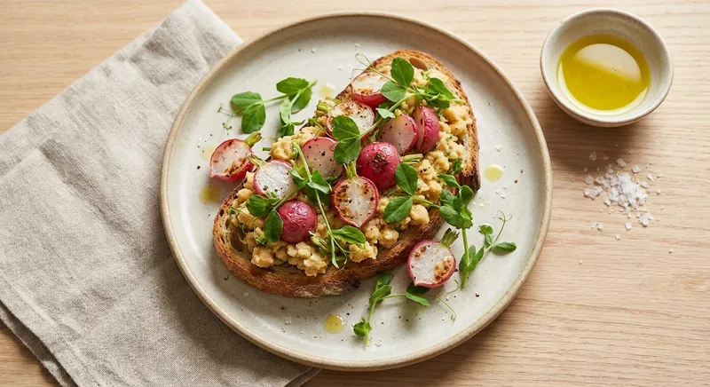 Charred Radish & Lemon Chickpea Smash on Rustic Toast with Pea Shoots