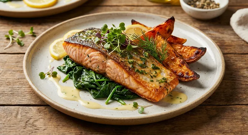 Baked Salmon with Roasted Sweet Potato & Sautéed Spinach