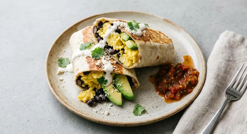 Breakfast Burrito with Scrambled Eggs, Black Beans & Avocado