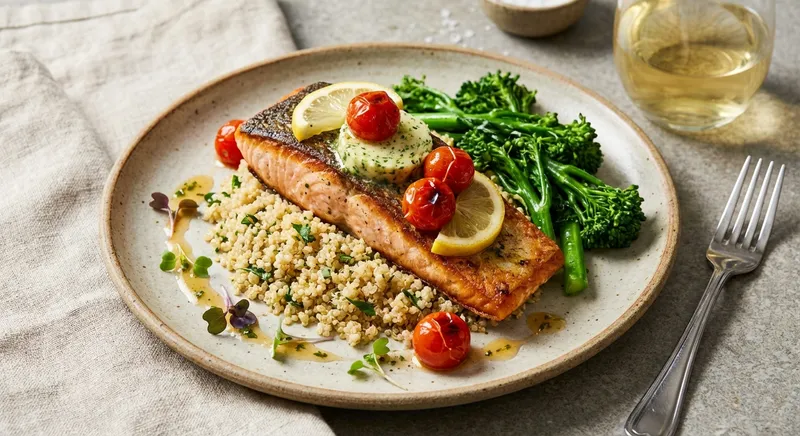Pan-Seared Salmon with Lemon, Quinoa, and Steamed Broccoli