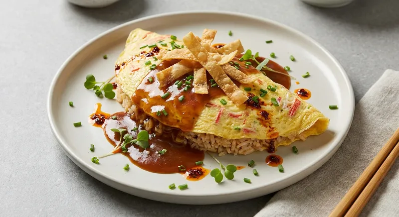 Crab Omurice (Imitation Crab Omelette Rice) with Crispy Wonton Garnish