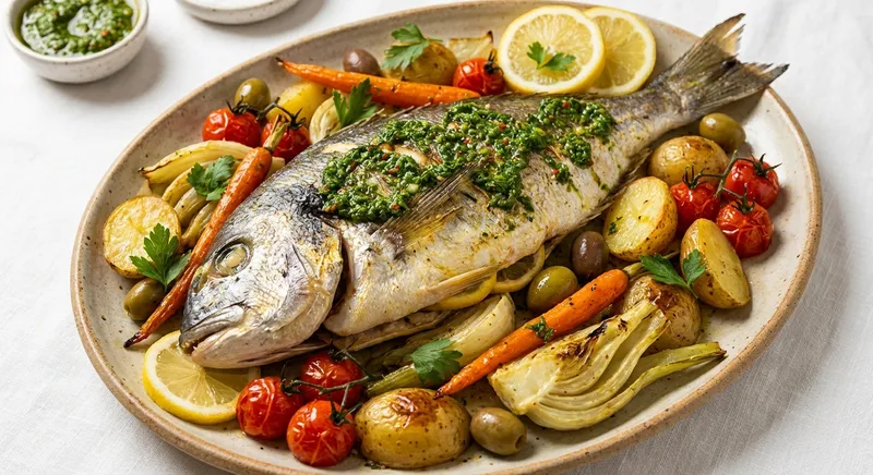 Baked Sea Bream with Chermoula and Roasted Vegetables