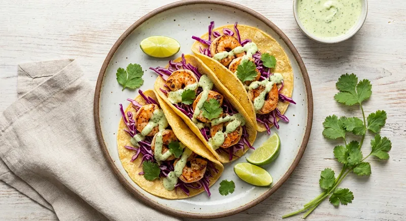 Shrimp Tacos with Cabbage Slaw & Cilantro-Lime Crema