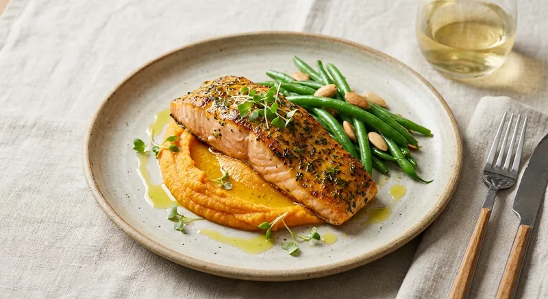 Baked Salmon with Sweet Potato Mash and Steamed Green Beans