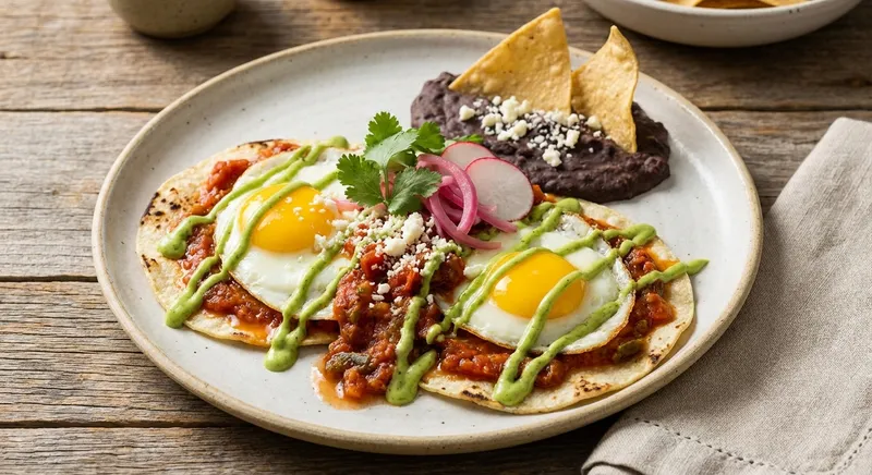 Restaurant-Style Huevos Rancheros with Charred Tomato-Jalapeño Salsa, Refried Black Beans & Avocado Crema