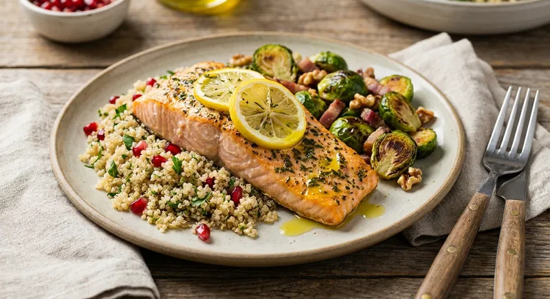 Baked Lemon-Herb Salmon with Quinoa & Roasted Brussels Sprouts