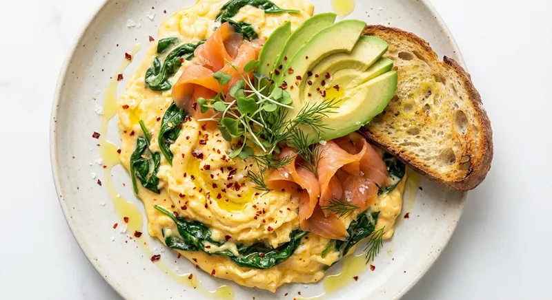Smoked Salmon & Avocado Scrambled Eggs with Wilted Spinach