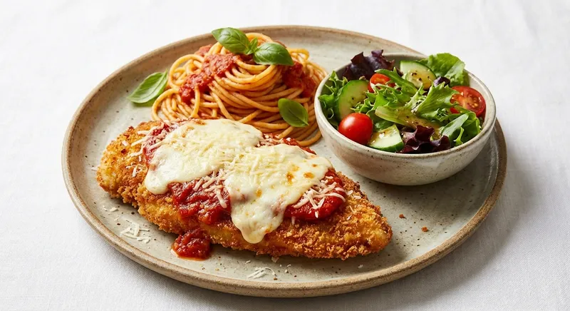 Chicken Parmesan with Spaghetti and Side Salad