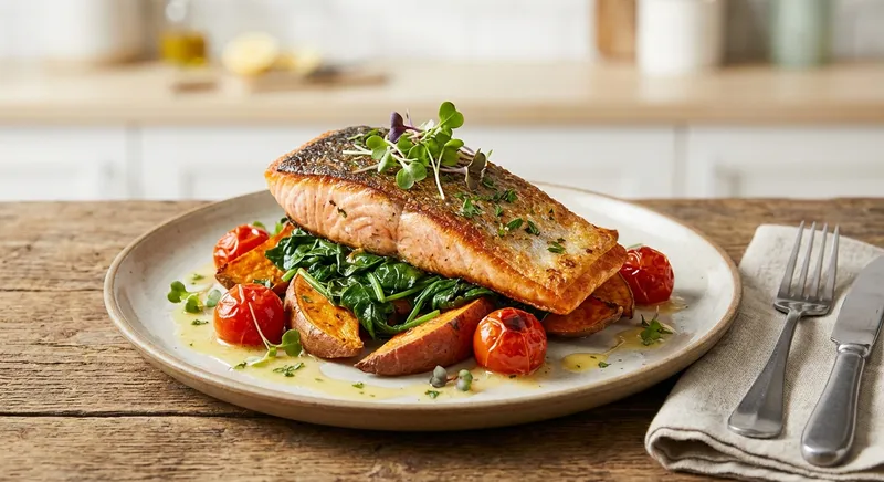 Pan-Seared Salmon with Roasted Sweet Potato & Sautéed Spinach
