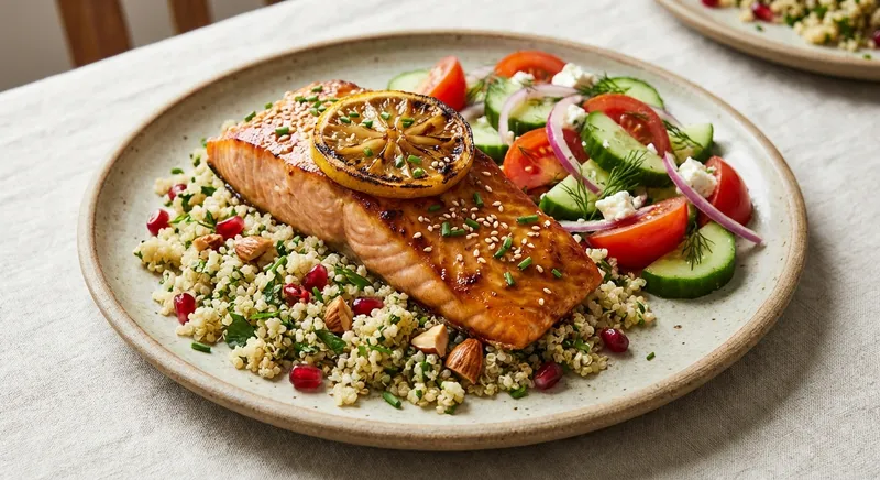 Miso-Lemon Broiled Salmon with Herbed Quinoa & Cucumber-Tomato Salad
