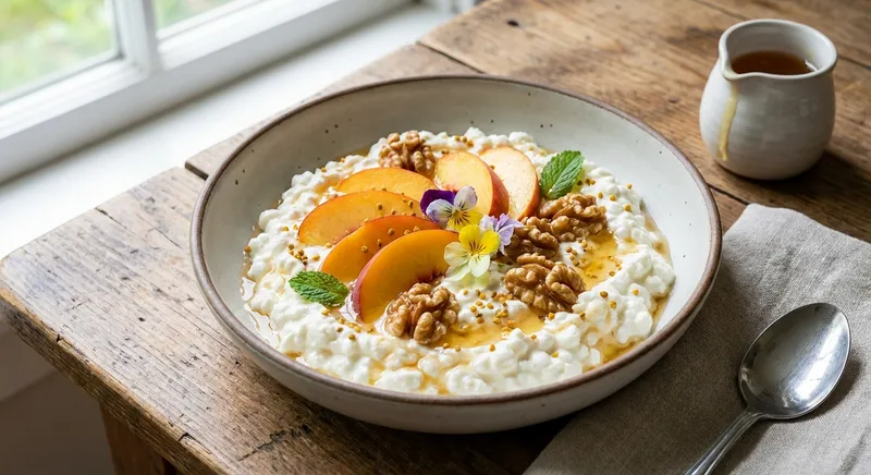 Cottage Cheese with Fresh Peaches, Toasted Walnuts & Honey