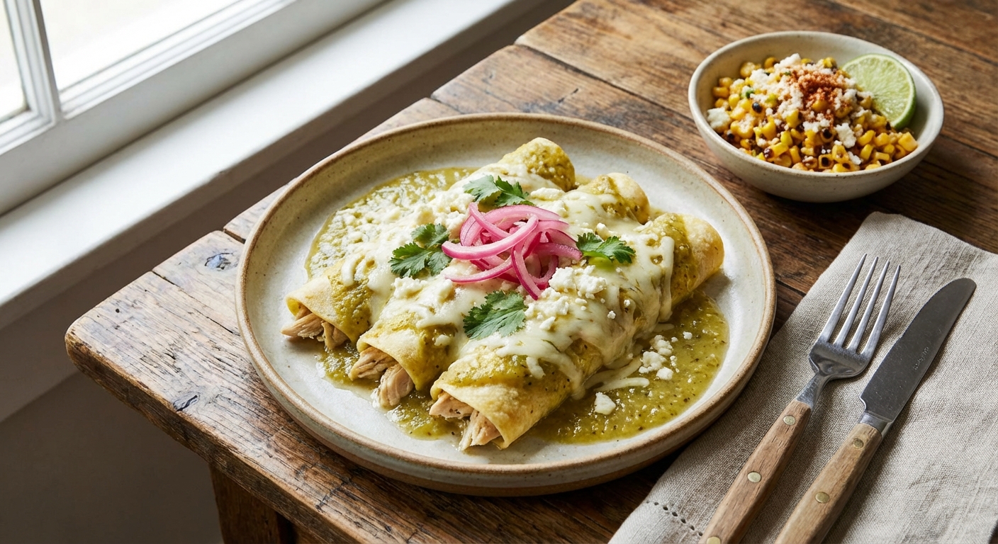 Chicken Enchiladas with Green Sauce and Corn Salad