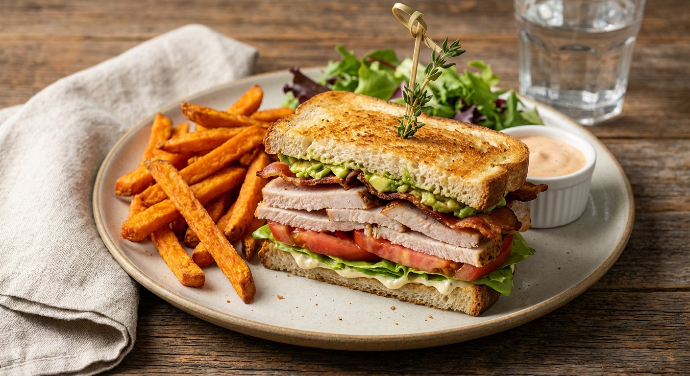 Turkey Avocado Club with Sweet Potato Fries