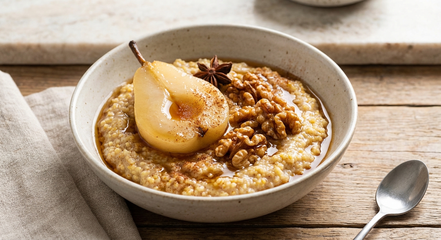 Warm Spiced Millet Porridge with Poached Pear & Toasted Walnuts