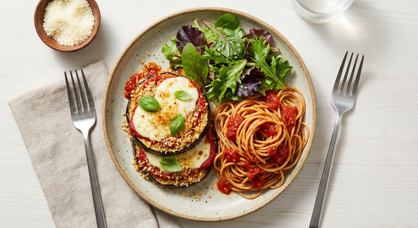Baked Eggplant Parmesan with Whole-Wheat Spaghetti and Mixed Greens