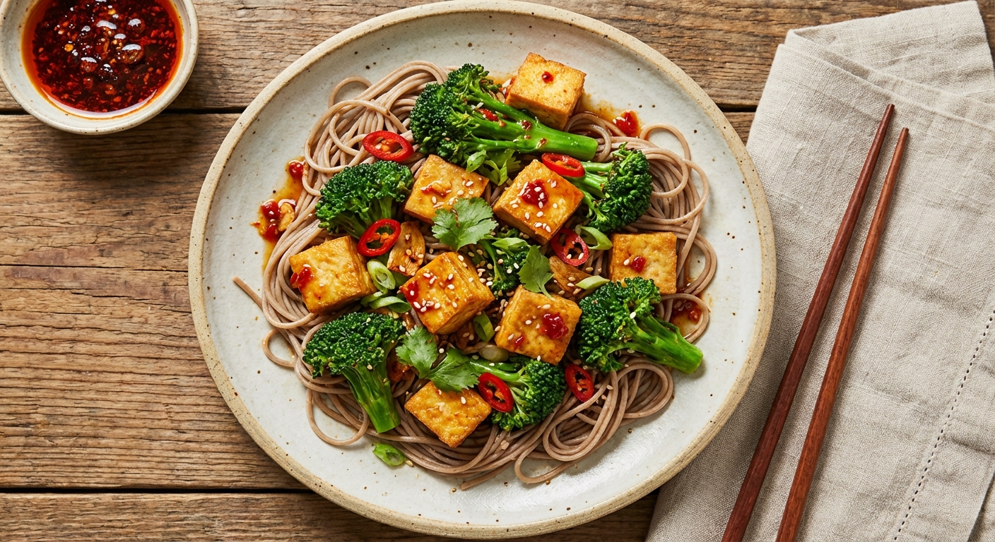 Garlic–Chili Stir-Fried Tofu & Baby Broccoli with Buckwheat Soba