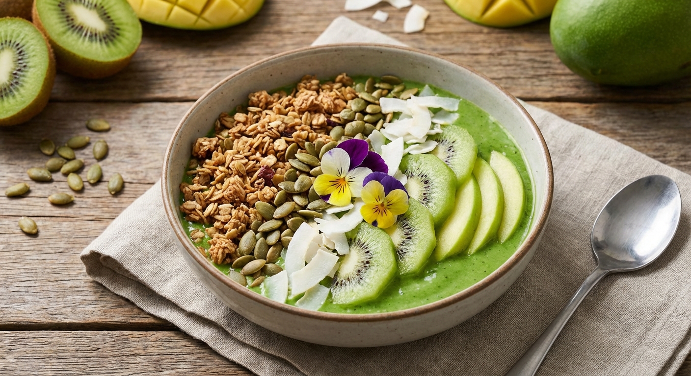 Green Mango Smoothie Bowl with Granola & Toasted Pumpkin Seeds