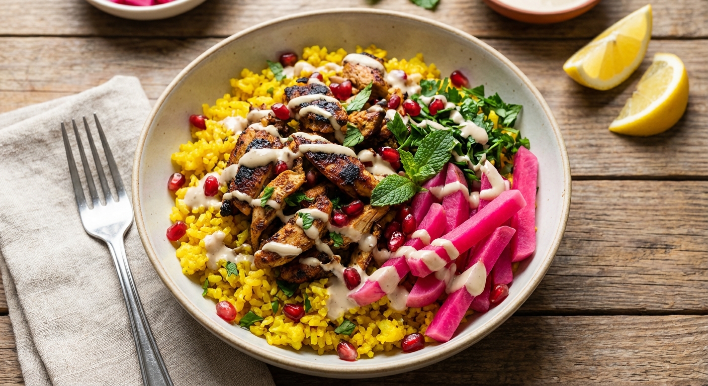 Middle Eastern Chicken Shawarma Bowls with Turmeric Cauliflower 'Rice', Pickled Turnips & Tahini Drizzle