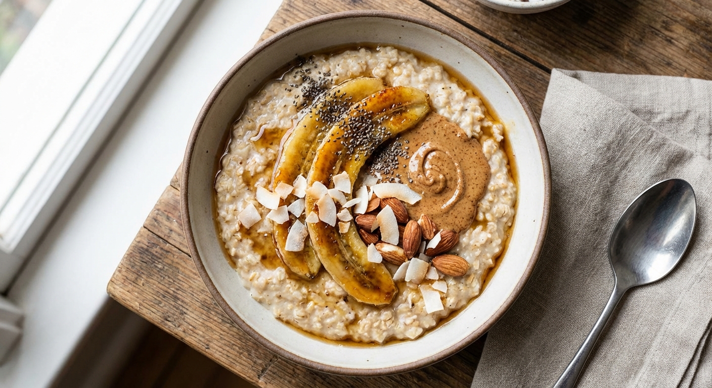 Warm Oatmeal Bowl with Banana, Almond Butter & Chia
