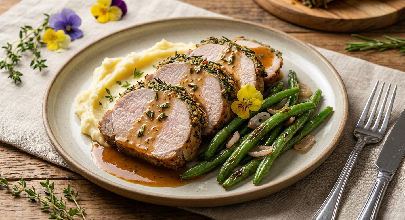 Herb-Roasted Pork Loin with Mashed Potatoes & Green Beans