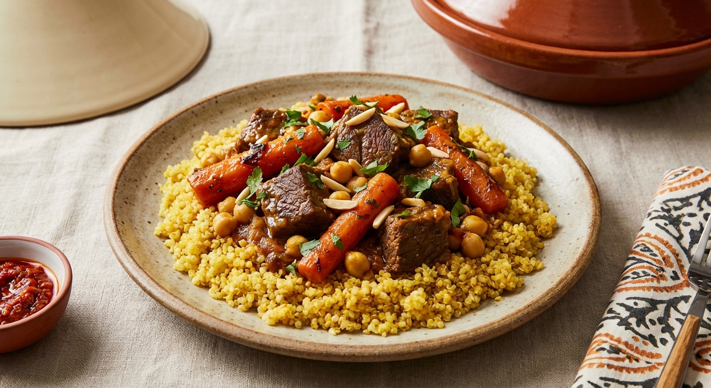 Beef Tagine with Carrots & Chickpeas over Saffron Quinoa